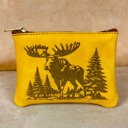 Masih Studio Moose Mini Pouch yellow leather small pouch with moose illustration.