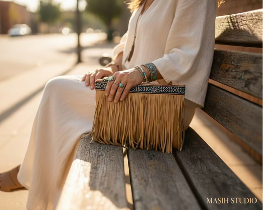 Leather fringe crossbody bag with patterned trim