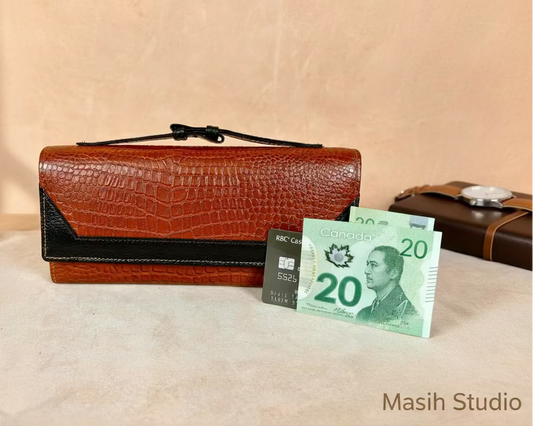 Brown textured leather long wallet with multiple compartments