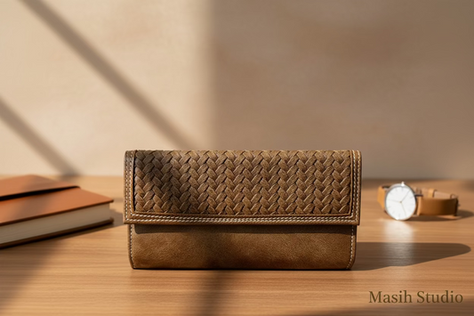 

Brown leather wallet with woven texture and zip pocket