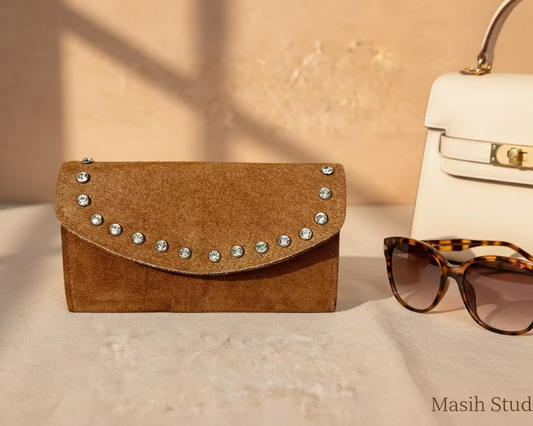 Brown leather wallet with studded flap design