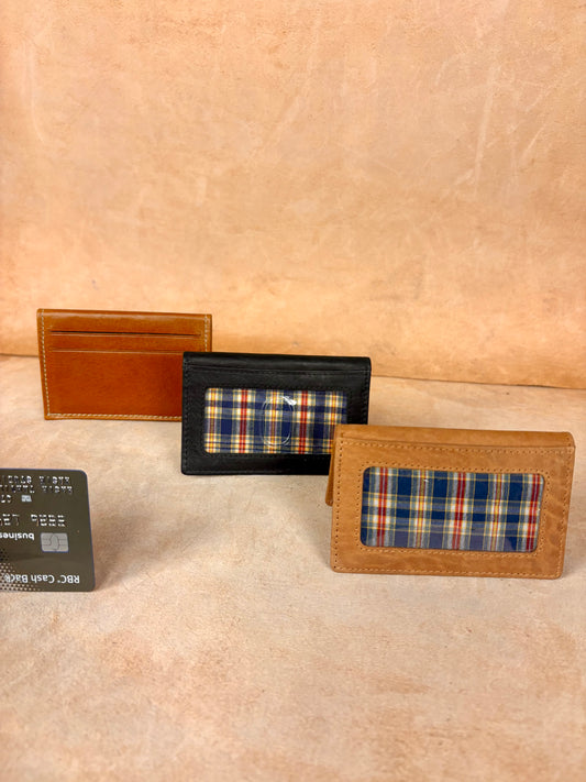 Slim leather card holder with plaid fabric ID window