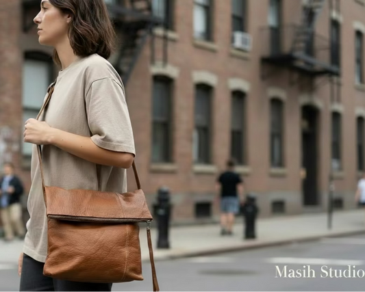 Brown slouchy leather crossbody bag with fold-over top and zipper closure on neutral background