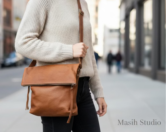 Brown soft slouchy leather crossbody bag with fold-over zipper closure and minimalist design