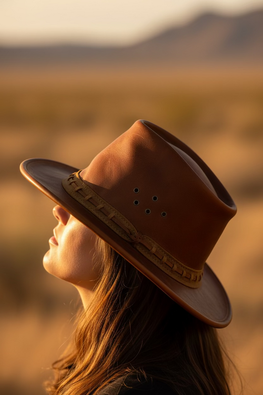 Brown leather wide brim western hat with handcrafted band detail