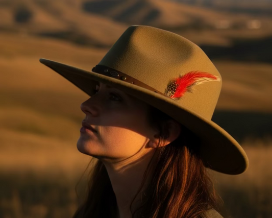 Olive green western hat with leather band and red feather – Masih Studio