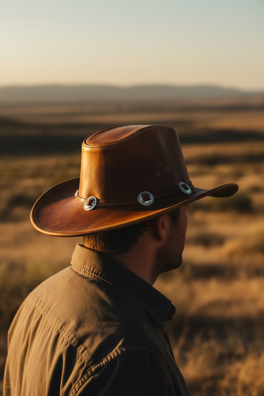brown distressed leather western hat with metal ring band – Masih Studio
