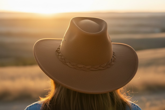 brown suede western hat with braided leather band – Masih Studio