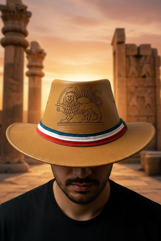 lion and sun engraved leather western hat with tricolor band – Masih Studio