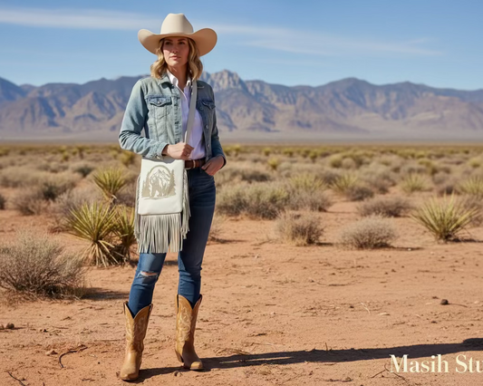 Bear Spirit leather fringe bag front view with mountain print
