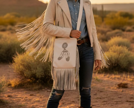 Spirit Fringe leather bag front view with printed design and fringe