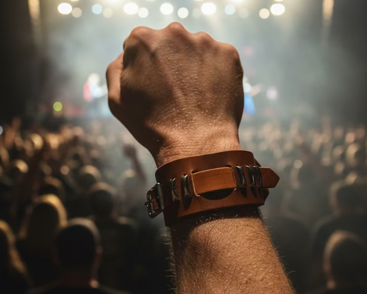 handmade leather cuff bracelet front view
genuine leather bracelet with metal accents
adjustable leather cuff bracelet detail