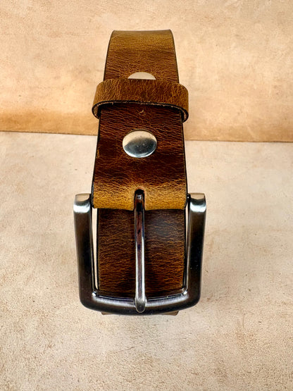 vintage brown leather belt with steel buckle