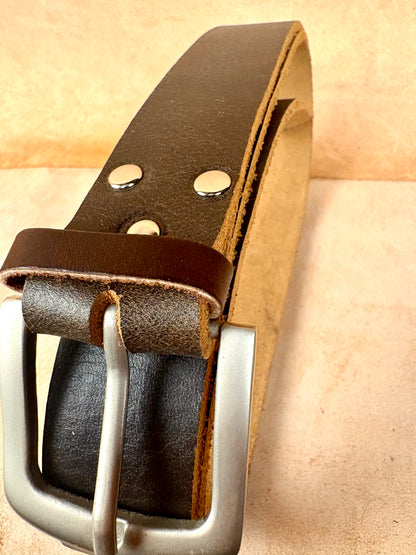dark brown leather belt with silver buckle