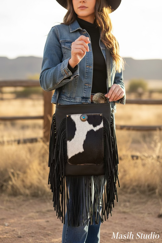 Black leather fringe bag with hair-on hide pocket and turquoise concho front view
