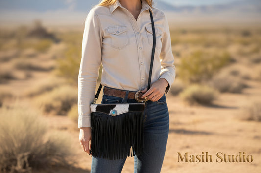  Mini fringe leather bag with hair-on hide and turquoise concho front view 