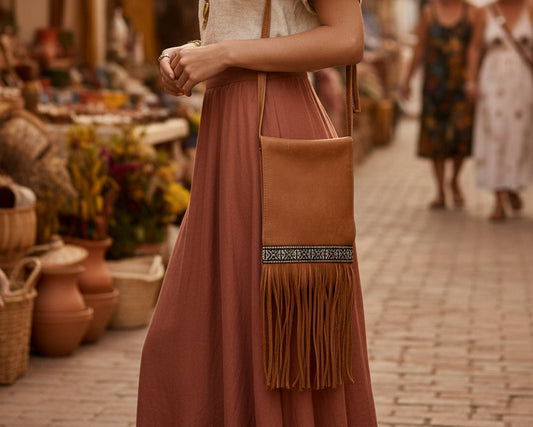 Nomad Trail tan leather fringe crossbody bag front view