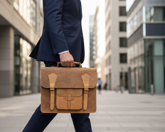 Full grain leather briefcase with buckle straps and front pocket. Vintage style leather messenger bag with top handle and shoulder strap designed for work and everyday carry